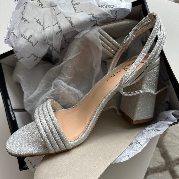 Lulus Mabrie Silver Glitter Ankle Strap High Heel Sandals - Size 8.5 - Picture 2 of 2